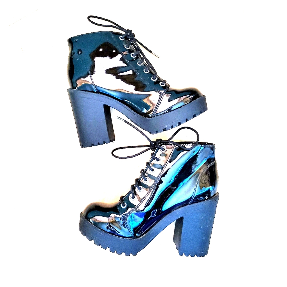 Black Patent Chunky Lace Up Boots